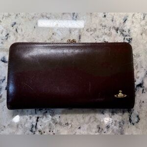 Vivienne Westwood EUC Brown Leather Long Wallet w/Kiss Lock and Gold Logo